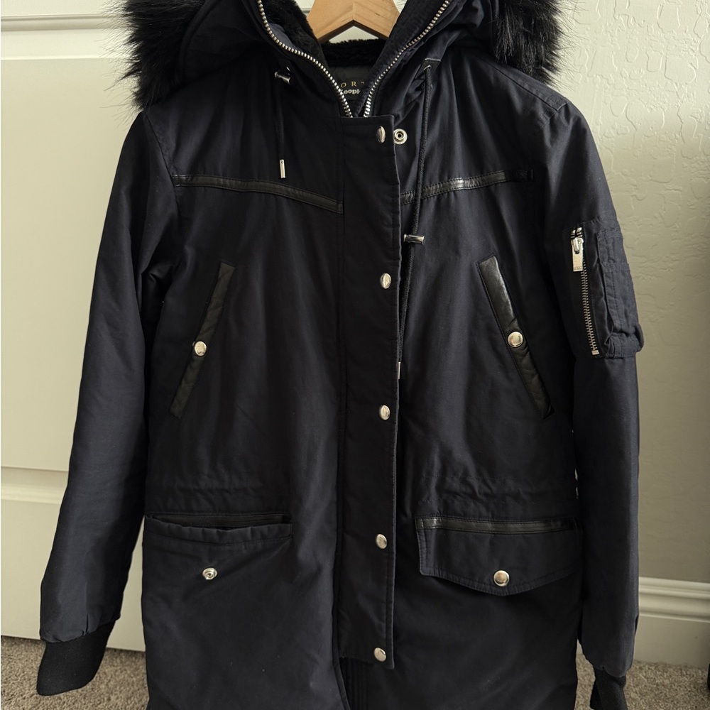 The Kooples Navy Fur-Trim Hooded Puffer Coat